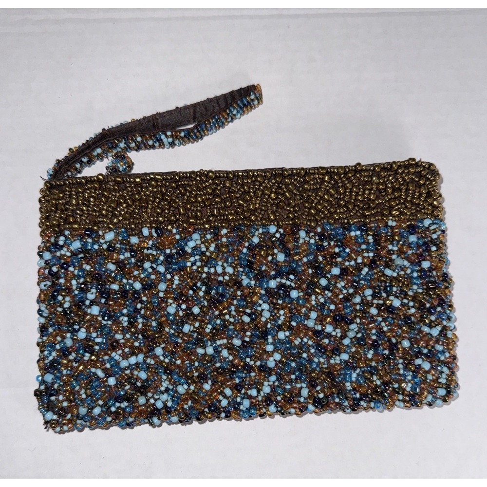 Beaded Clutch Purse Green Blue Copper Vintage Handbag Wristlet Pouch Boho
